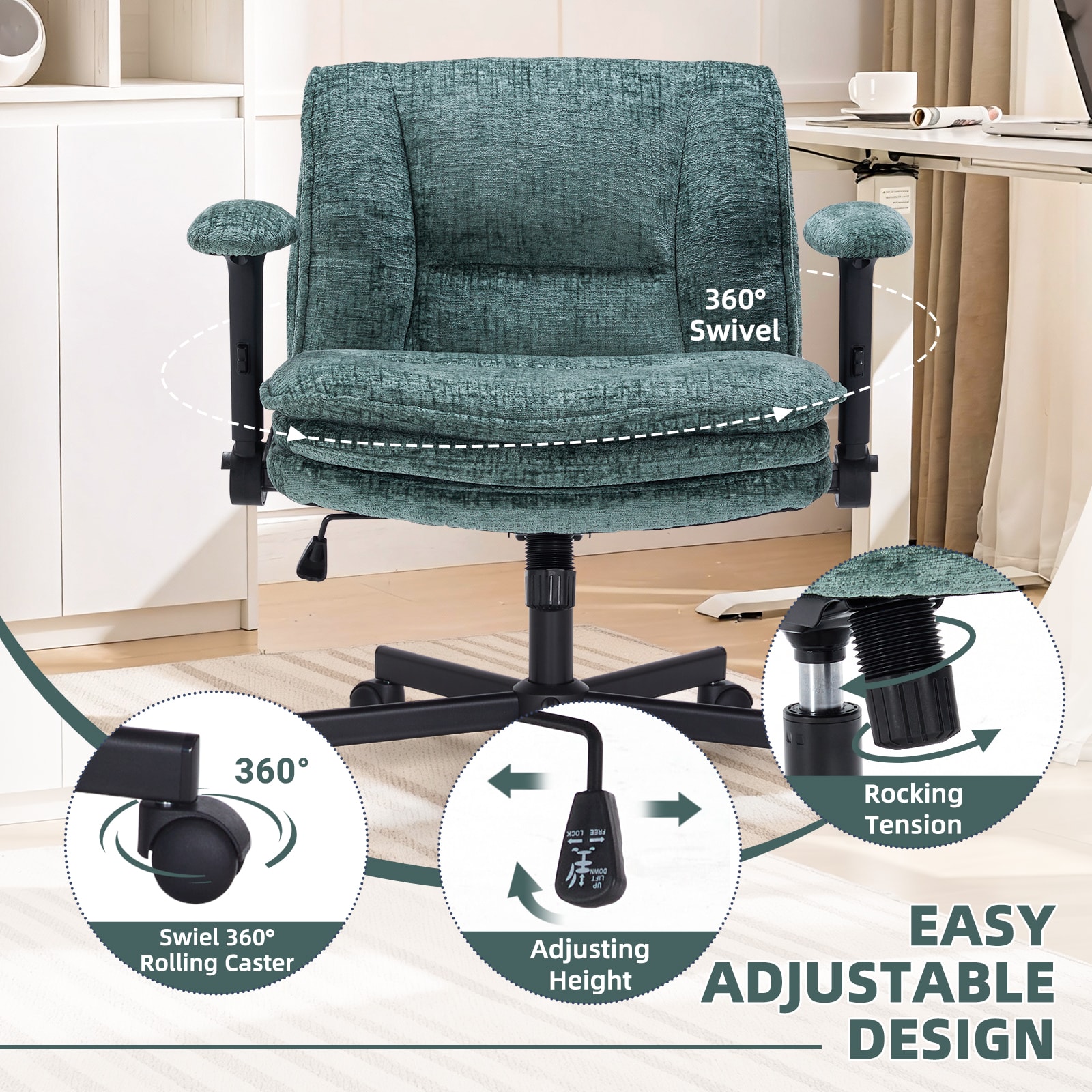 Criss Cross Chair With Wheels And Flip Arms, Upholstered Cross Legged Office Chair With 3 Layer Cushions&Dynamic Airbag Lumbar Support, Wide Seat Comfy Desk Chair For Home Office, Living Room, Green_maomaolike.com